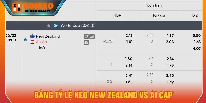 Bảng tỷ lệ kèo New Zealand vs Ai Cập