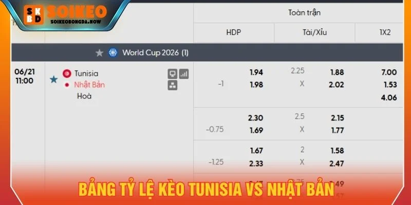 Bảng tỷ lệ kèo Tunisia vs Nhật Bản